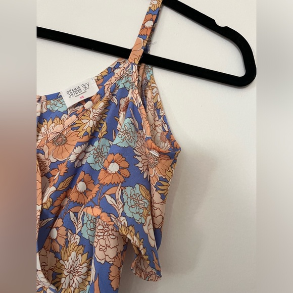 Women’s Sienna Sky cold shoulder Blouse Blue and Orange Floral with tie front - Picture 4 of 5
